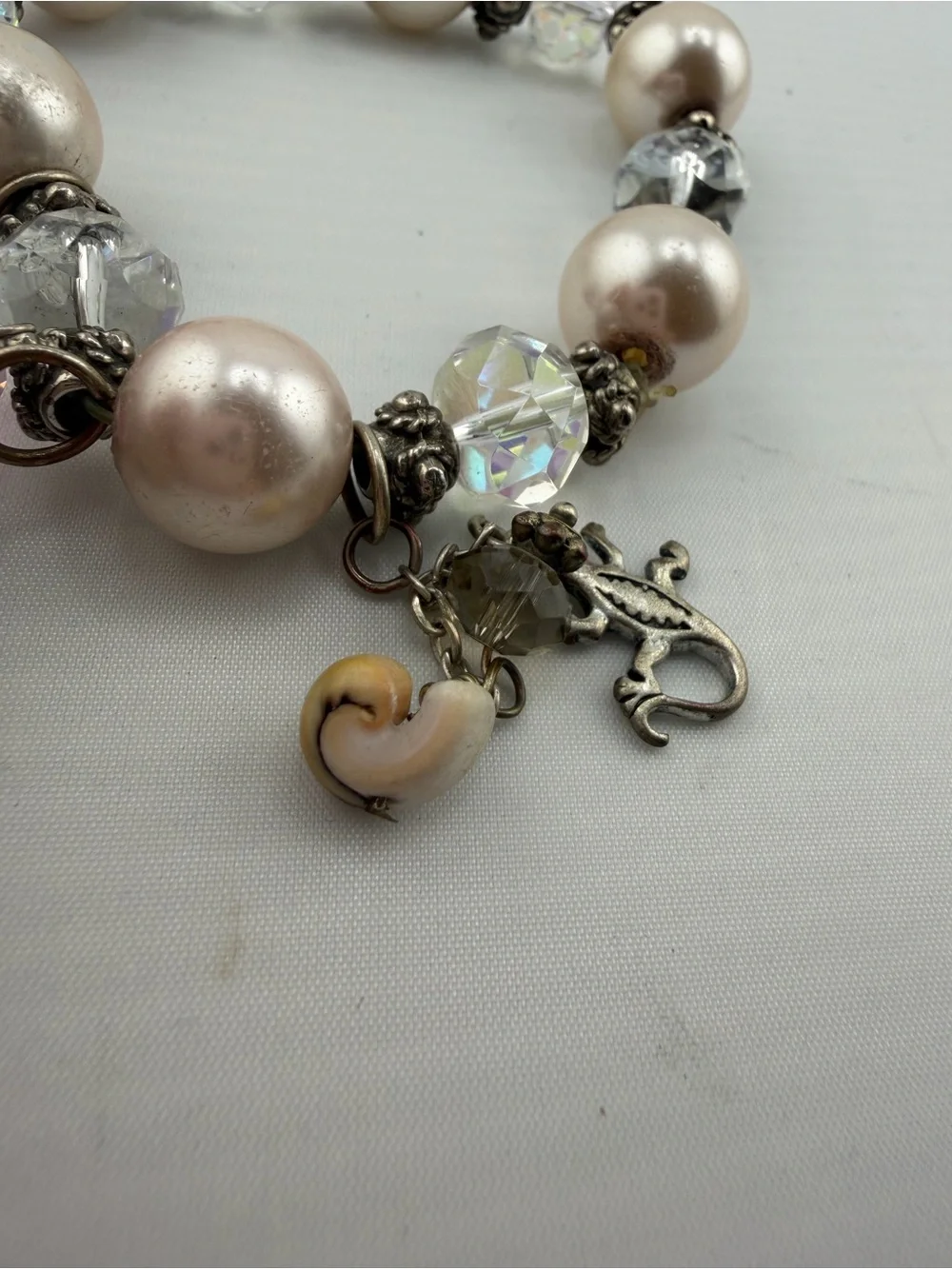 Vintage Faux Pearl Crystal Charm Bracelet Treasure Chest Dog Lizard Bracelet